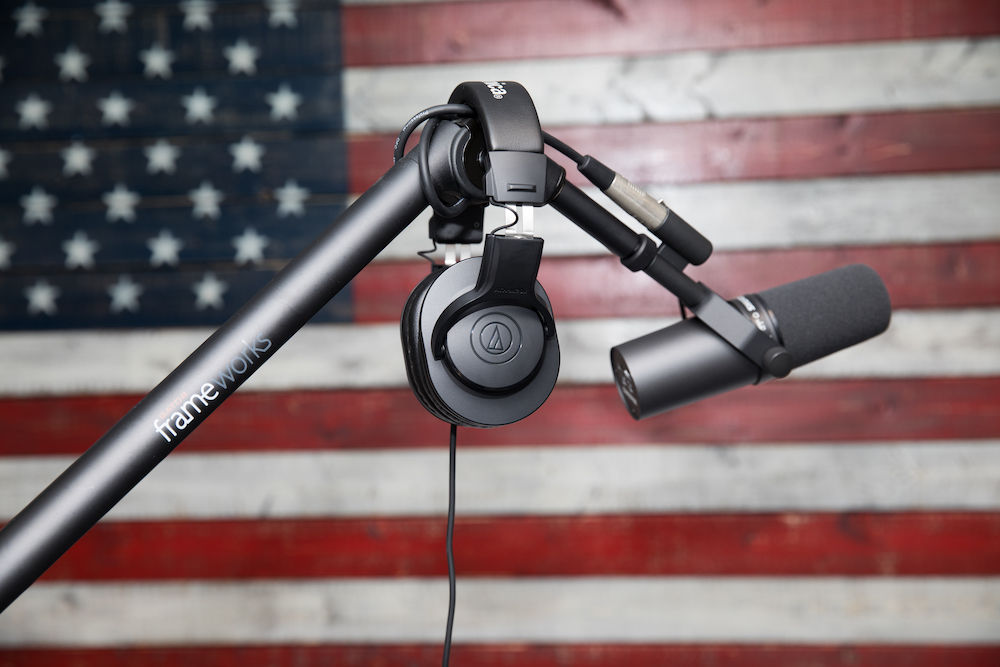 Podcast microphone in front of American flag background
